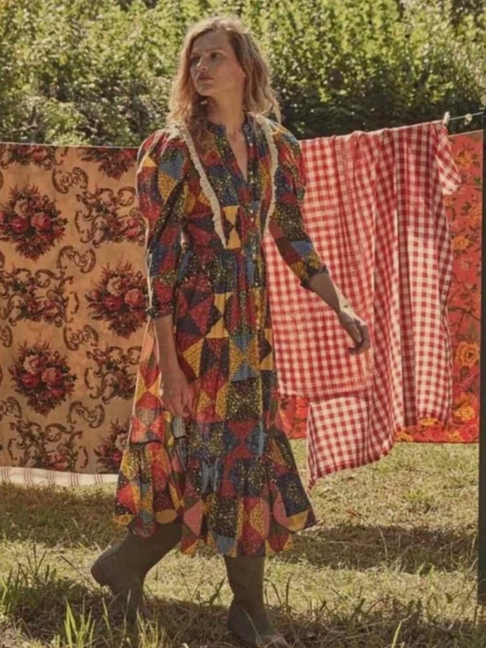 EUC - Doen Nicolette Patchwork Midi Dress - Size S - Picture 5 of 7